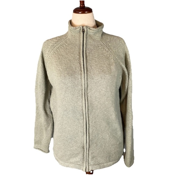 LL Bean Sweater Zip Front Cardigan Mock Neck Textured Cotton Knit Size Large - Picture 1 of 6
